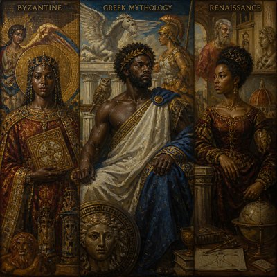 create a juxtaposition African American illustration the combines the byzantine, Greek mythology and renaissance each era as a.