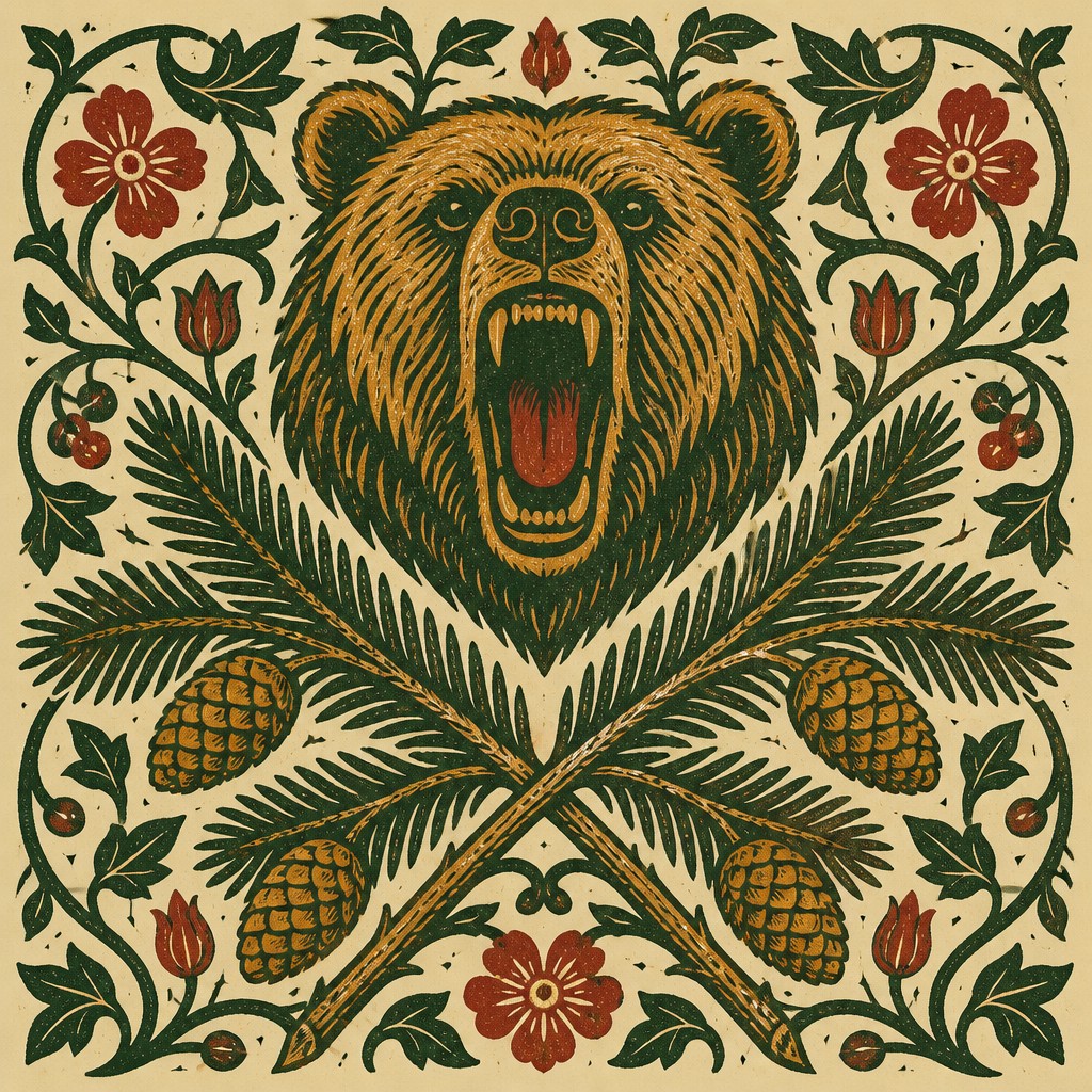 a roaring bear head above crossed pine branches, bold graphic composition on a plain background, no text