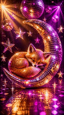 a sleeping baby fox curled on a crescent moon among soft stars, gentle and warm, no text