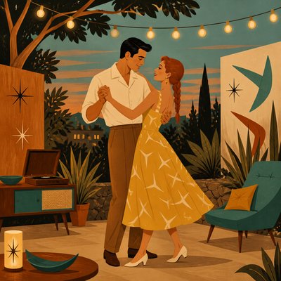 an original couple dancing under string lights in a garden at dusk: a man with short black hair in a linen shirt and a woman with braided red hair in a summer dress