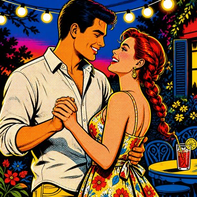 an original couple dancing under string lights in a garden at dusk: a man with short black hair in a linen shirt and a woman with braided red hair in a summer dress