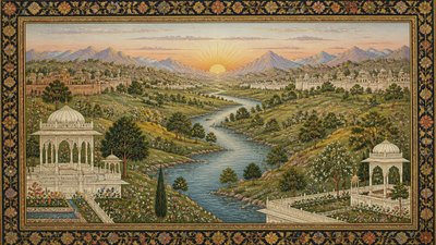 a vast valley with a river winding toward distant mountains at sunrise, no people, no text
