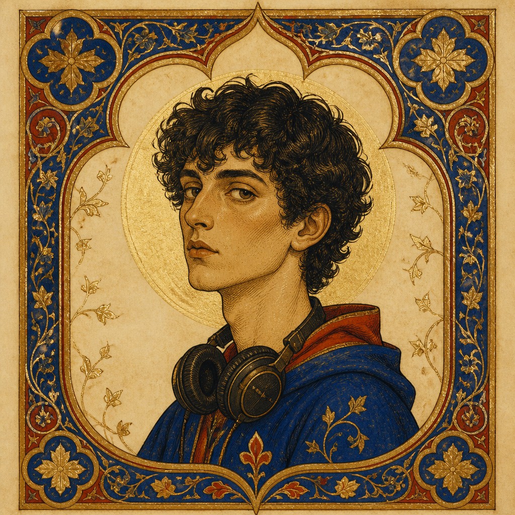 head-and-shoulders portrait of an original character: a young man with curly dark hair and headphones around his neck, plain backdrop, no text