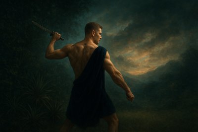 a painting of a man holding a sword
