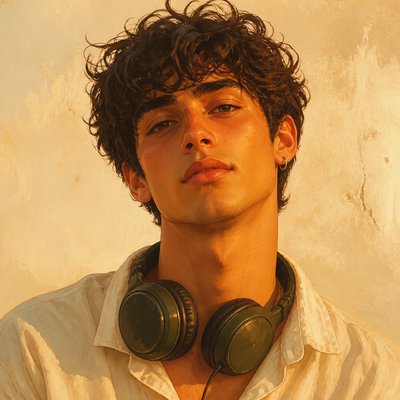 head-and-shoulders portrait of an original character: a young man with curly dark hair and headphones around his neck, plain backdrop, no text