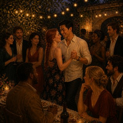 an original couple dancing under string lights in a garden at dusk: a man with short black hair in a linen shirt and a woman with braided red hair in a summer dress