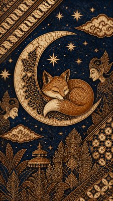 a sleeping baby fox curled on a crescent moon among soft stars, gentle and warm, no text