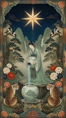 a robed figure pouring water beneath a large eight-pointed star in a night sky, symmetrical composition with an ornate decorative border, no text