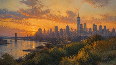 a city skyline panorama at dusk with glowing windows, no people