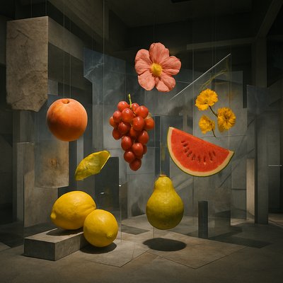 still life arrangement of fruits and flowers