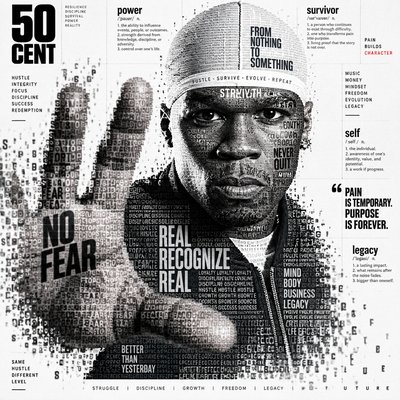 a man with a white hat and a hand with words all over it