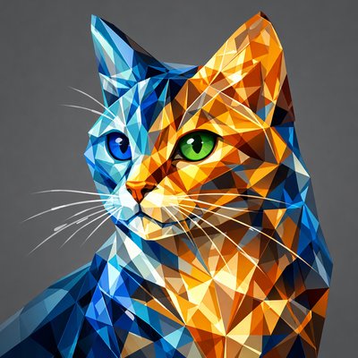 Low-poly geometric portrait of a cat's upper body facing slightly to the right, with shades of blue tones mixed with shades of. orange, brown, and golden yellow shades polygonal facets, with a large blue eye, black pupil, and subtle white highlight. The right eye is  a vibrant green eye, black pupil, and white highlight. Thin white whiskers extend from the muzzle on both sides. Solid medium-gray background. Style: minimalist vector art, faceted like origami or crystal, high contrast, no outlines except subtle edges.

