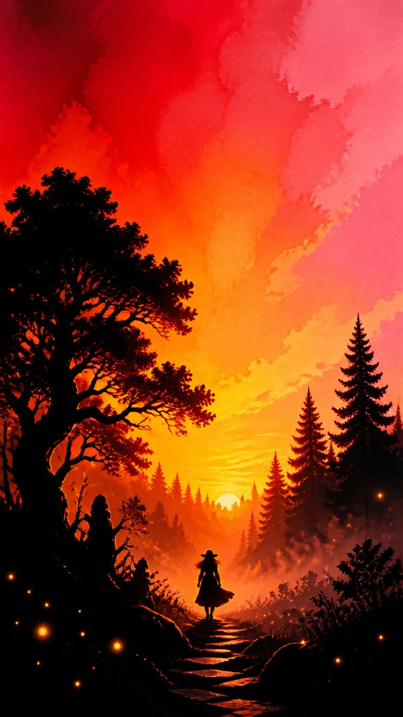 a mysterious forest path with fireflies and drifting mist, atmospheric vertical composition with open space at the top, no text