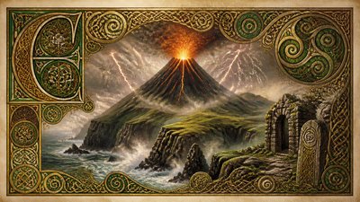 an erupting volcano with lightning strikes, dramatic wide composition, no text