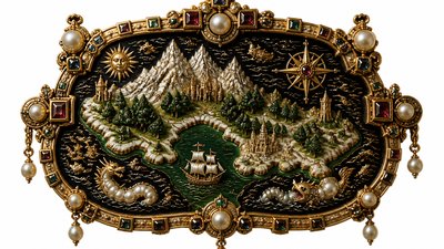 a map of an island realm with mountains, forests, a sheltered bay, sea monsters in the water and a compass rose, no text labels