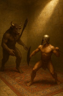 a painting of a man and a demon fighting