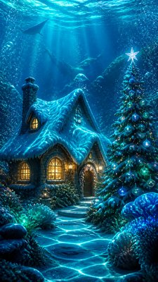 a snow-covered cottage with warm glowing windows beside a decorated pine tree, gentle snowfall, no text