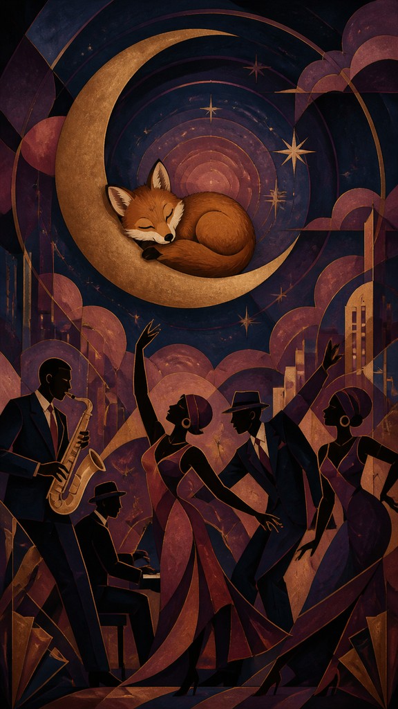 a sleeping baby fox curled on a crescent moon among soft stars, gentle and warm, no text