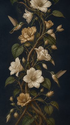 a climbing vine of flowers and hummingbirds on a dark background, tall wrapping composition, no text