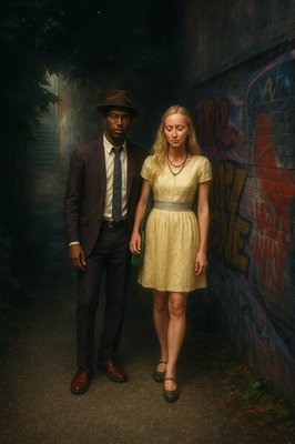 a man and a woman standing next to a wall