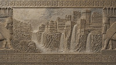 a cliffside city with waterfalls cascading into a misty canyon, wide establishing shot, no people, no text