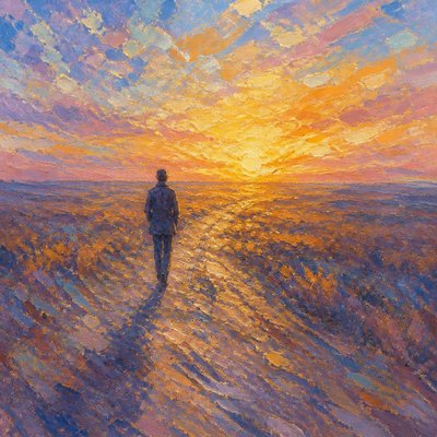 a solitary figure walking toward a glowing horizon across an empty plain, moody atmosphere, no text or lettering