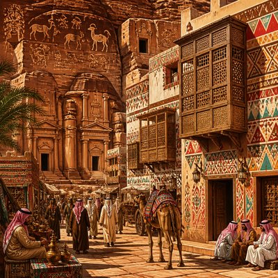 urban street with city activity — Saudi Art Style