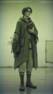 full-body original character: a wandering botanist with a satchel of plants, a patched green cloak, tall boots and round glasses, neutral background