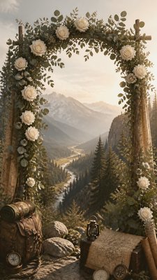 an arch of white roses and eucalyptus in soft morning light, elegant vertical composition with open space, no text
