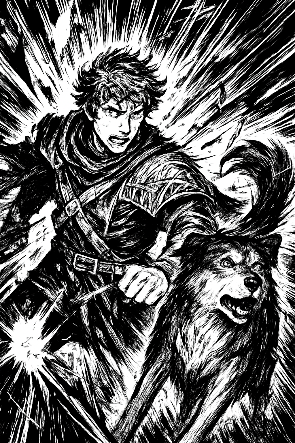 a black and white drawing of a man and a wolf