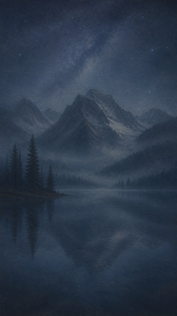 a tranquil mountain lake beneath a starry night sky, no people, no text