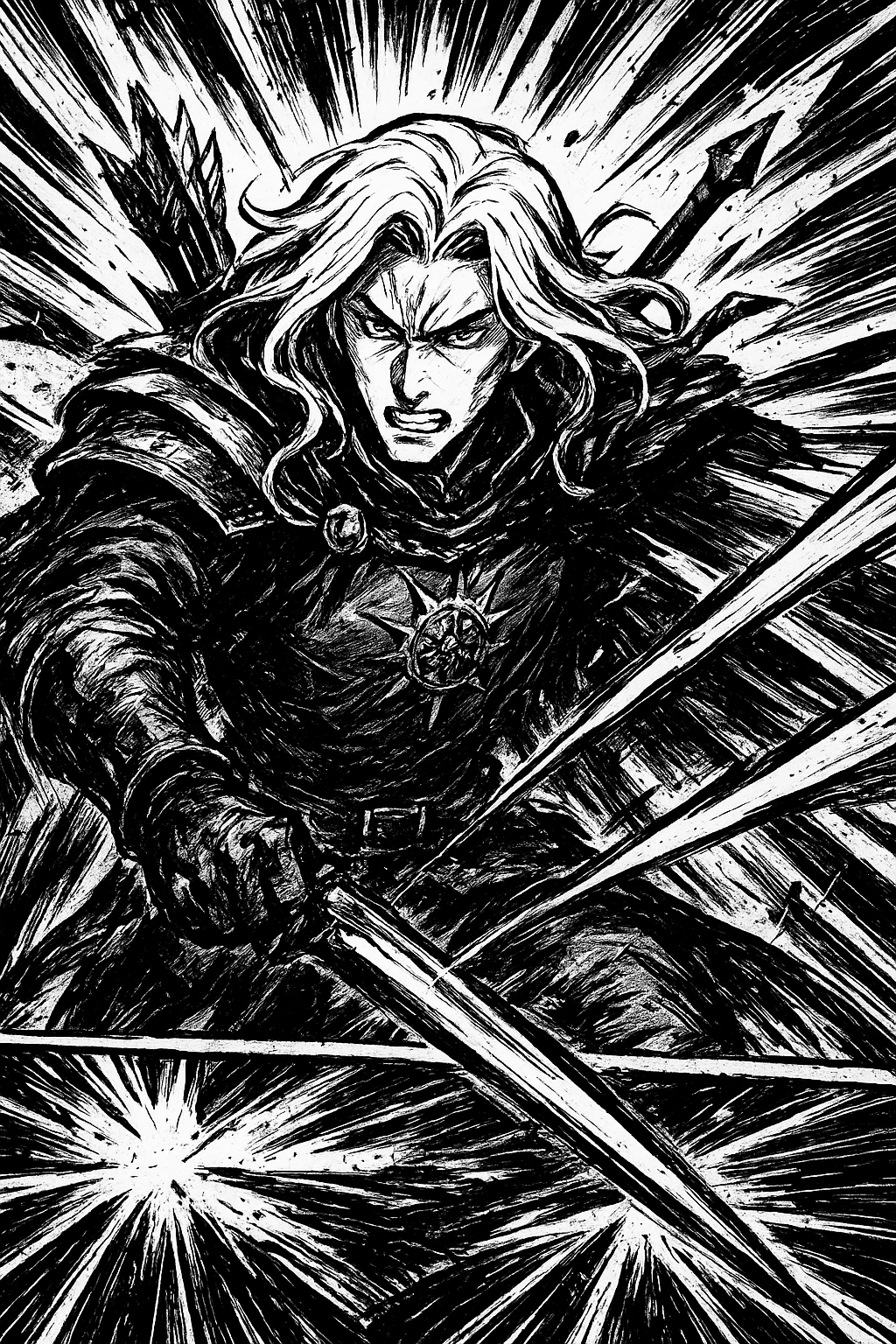 a drawing of a woman holding two swords
