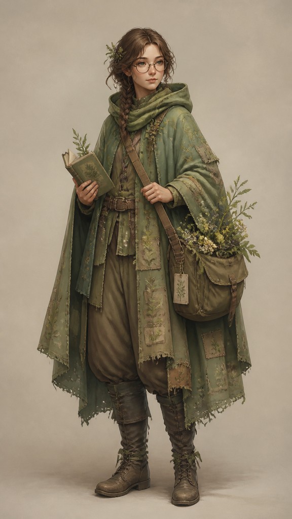full-body original character: a wandering botanist with a satchel of plants, a patched green cloak, tall boots and round glasses, neutral background