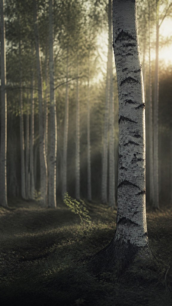 a serene birch forest in soft morning light, no people, no text