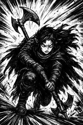 a black and white drawing of a man holding a hammer