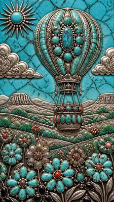 a hot air balloon drifting over rolling flower fields on a sunny day, cheerful, no text