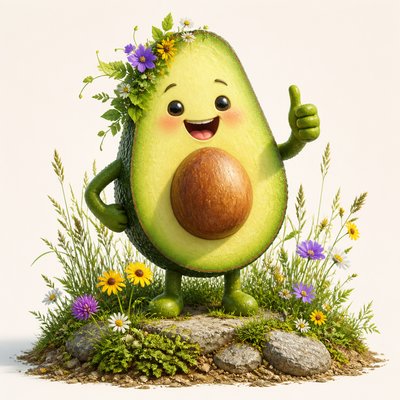 a happy avocado character giving a thumbs up, bold readable design on a plain background, no text