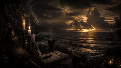 a panoramic ocean horizon with towering clouds at golden hour, no people