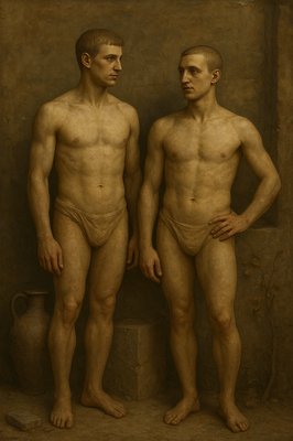 a painting of two men standing next to each other