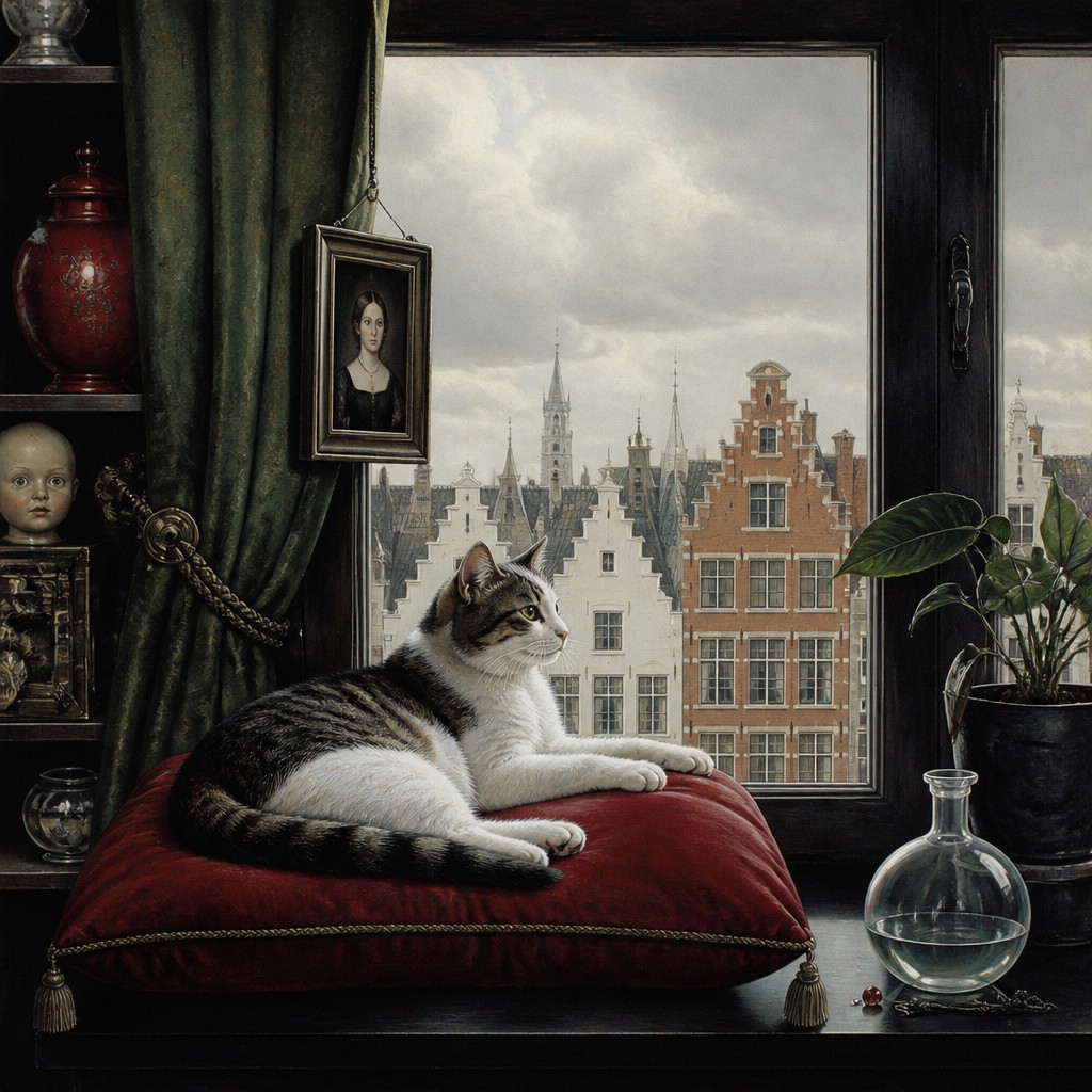 a cat lounging in a sunlit window — Belgian Art Style