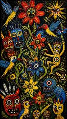 a climbing vine of flowers and hummingbirds on a dark background, tall wrapping composition, no text