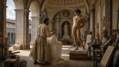 Michelangelo carving a standing model posing in his studio