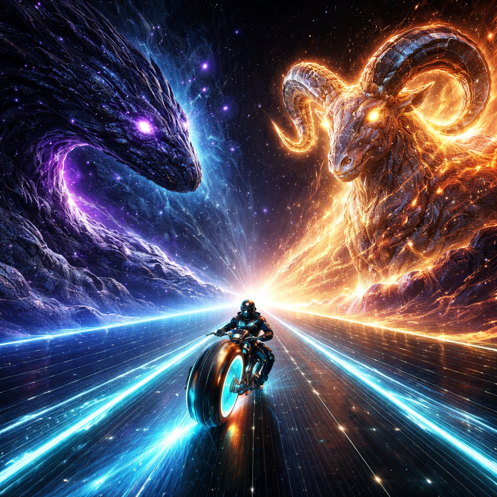 Neon-Futurism Digital Art Style, Bioluminescent Sci-Fi Cosmic Setting, High-Contrast Composition. A wide, cinematic view looking down the infinite highway.
The Rider & Bike Consistency: The lone motorcyclist—in the signature sleek, armored suit and helmet—is speeding forward on the hubless "light-cycle" sportbike. The cyan and orange neon rings of the wheels cast a sharp glow on the road surface as the rider leans forward for maximum speed.
The Path (The Ecliptic Divide): The glowing blue laser-grid highway acts as a clear boundary line, cutting a straight path through a turbulent sector of space.
The Aries Presence (The Right): To the right of the highway towers the colossal, majestic Aries. The ram is a construct of burning white-gold energy and crystalline horns. Its form is noble and steady, radiating a protective, warrior-like light across the path.
The Leviathan Presence (The Left): To the left of the highway, emerging from a dark, swirling indigo nebula, is the massive, mysterious Leviathan. It is a serpentine cosmic entity made of obsidian scales and deep violet bioluminescence, representing the vast unknown of the deep cosmos.
The Action: The rider is perfectly centered between these two titanic forces, representing the balance of courage as they move toward the next horizon.
Atmosphere: A "clash of lights" where the warm gold of the Ram meets the cool violets of the Leviathan, with the rider’s cyan bike acting as the bridge between them.