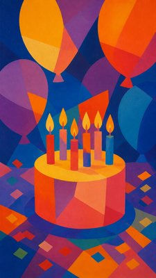 a birthday cake with lit candles surrounded by balloons and confetti, festive vertical composition, no text