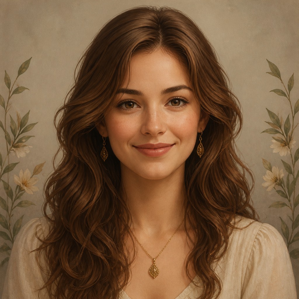 head-and-shoulders portrait of an original character: a young woman with wavy chestnut hair and a warm smile, plain soft backdrop