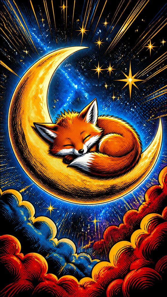 a sleeping baby fox curled on a crescent moon among soft stars, gentle and warm, no text
