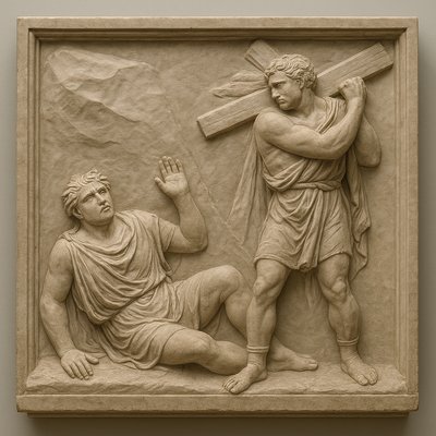 a statue of a man holding a cross next to a man laying on the ground