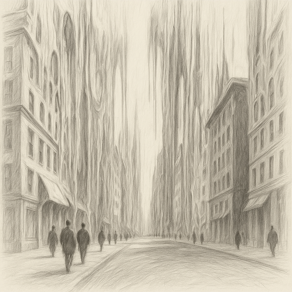 a drawing of people walking down a city street