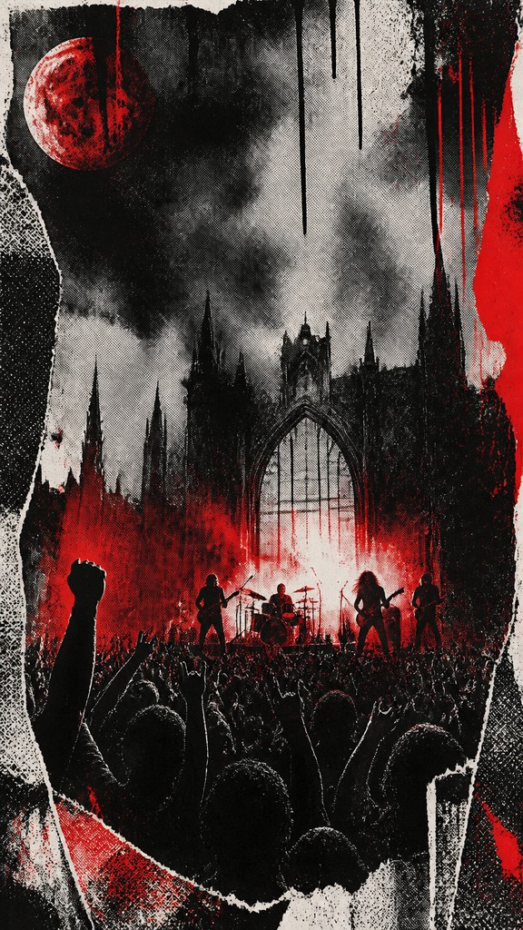 a live music scene with a glowing stage and silhouetted crowd, energetic vertical composition with open space at the top, no text