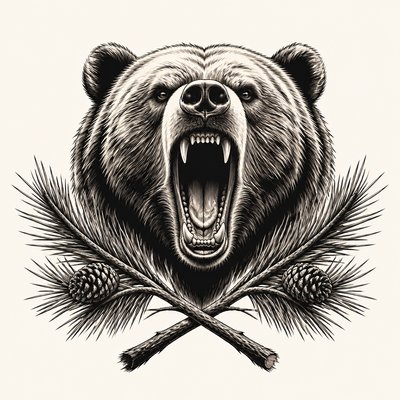 a roaring bear head above crossed pine branches, bold graphic composition on a plain background, no text